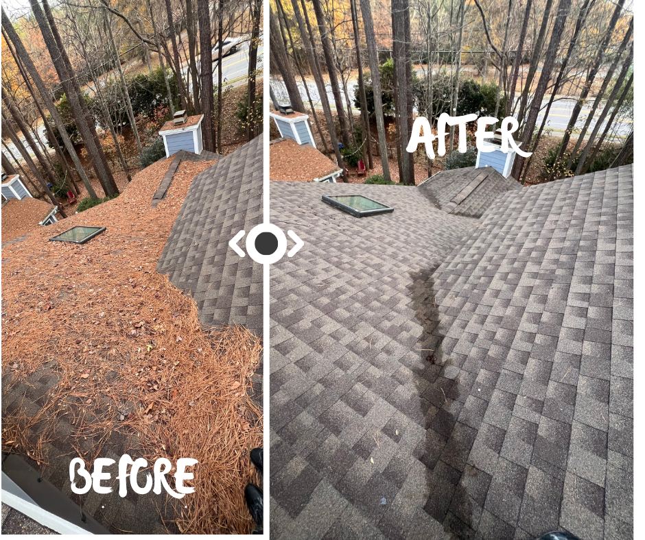 Roof and gutter debris before and after cleaning by Omni Home