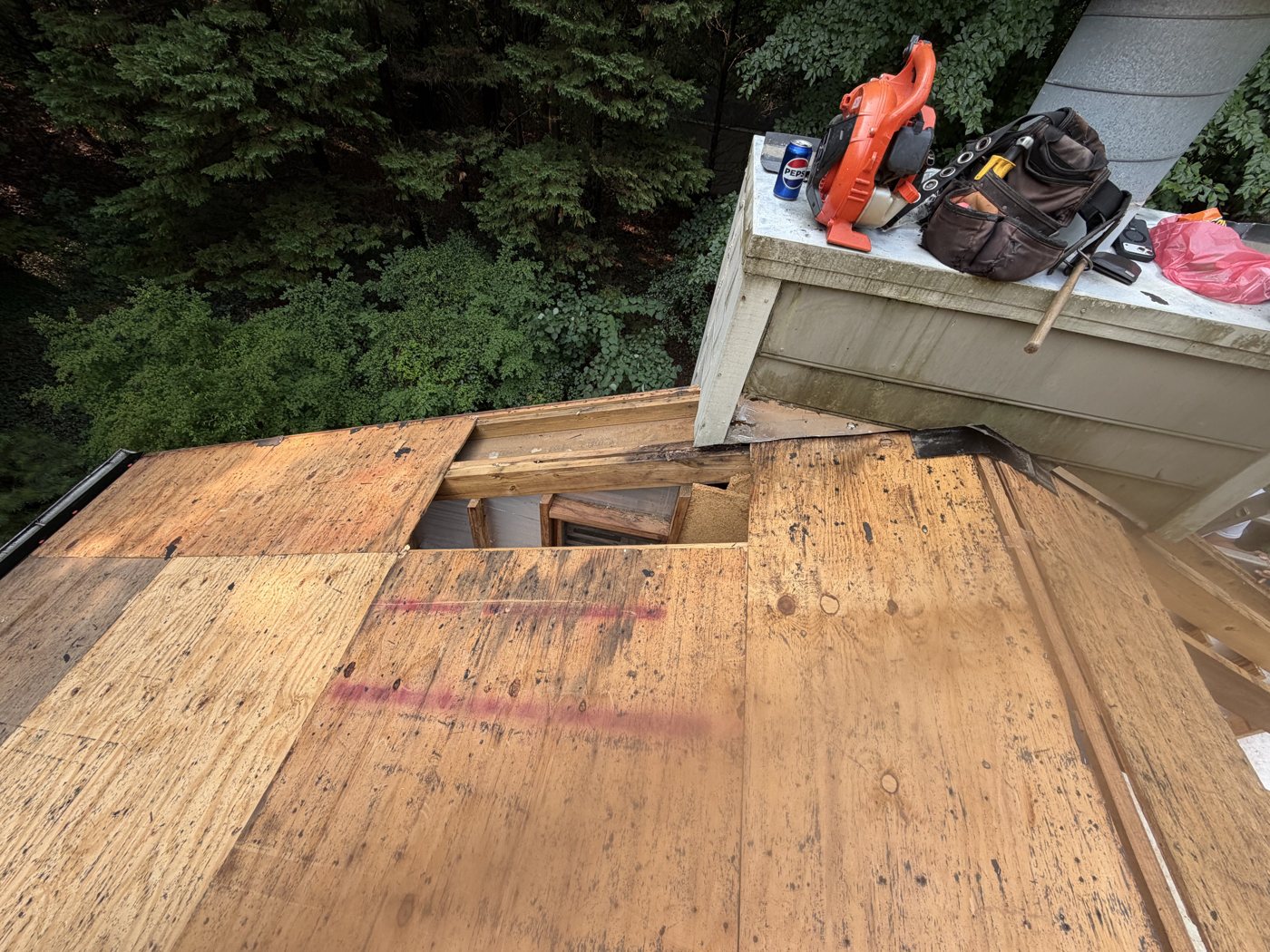 Damaged roof decking opened up and replaced by Omni Home